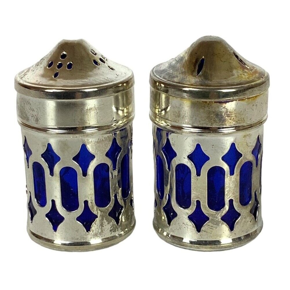 Vintage Silver & Cobalt Blue Glass Salt Pepper Shaker Set Filigree Design